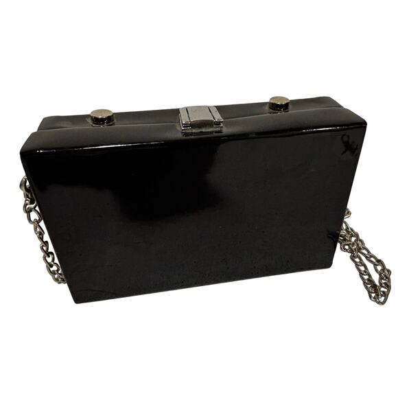 Black Evening Bag Novelty Camera shaped purse chunky silvertone chain strap - Picture 3 of 7